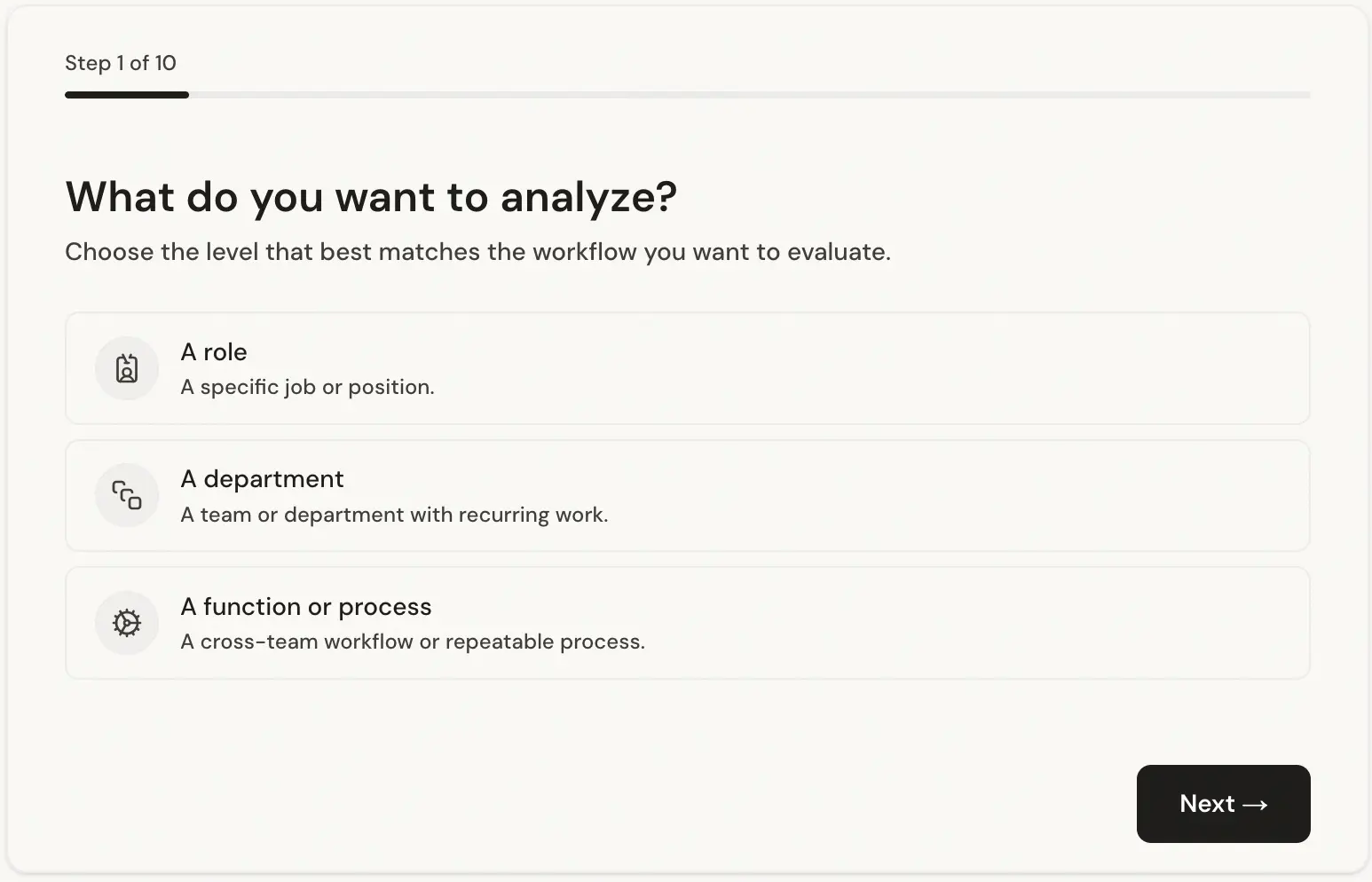 Screenshot of the analysis form showing the three scope options: role, department, or set of tasks