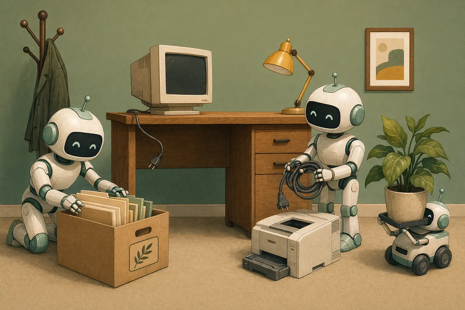 Two friendly robots gently retiring an old admin workstation — one boxing folders into an archive, the other coiling a printer cable.