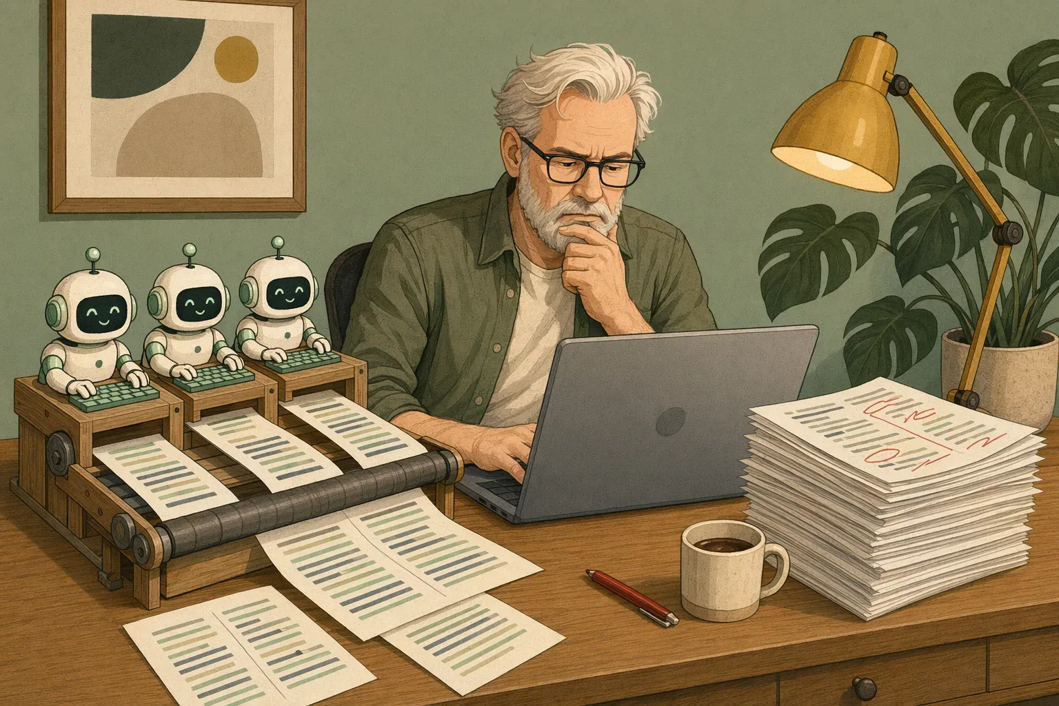 A senior developer reviewing code while three small coding-bots feed printed pages onto a conveyor belt — duplicated stripes hint at cloned logic piling up.