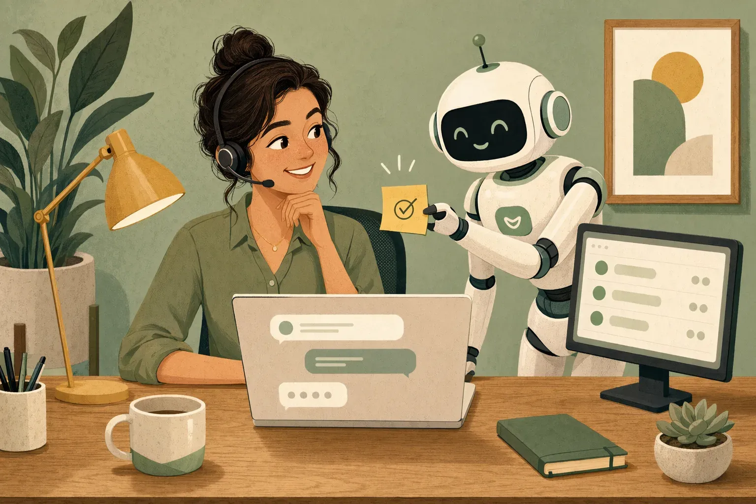 A smiling customer-service agent at her laptop, a friendly robot beside her offering a sticky-note suggestion mid-conversation.