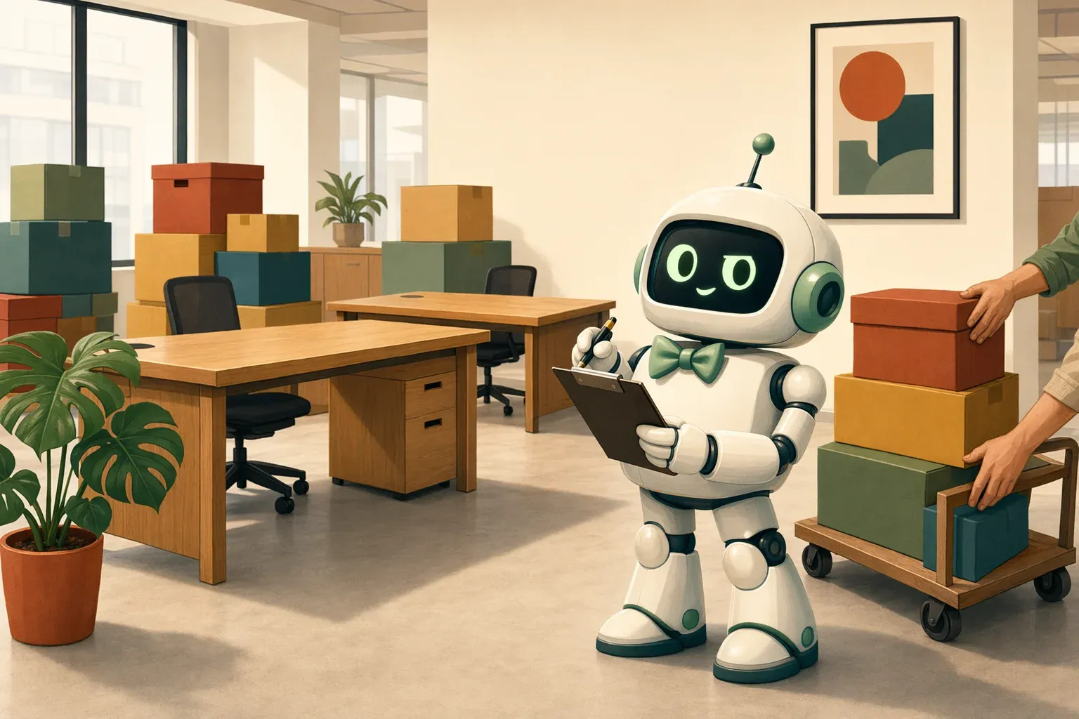 Office mid-restructuring with the bulletin's mascot taking notes on a clipboard while two pairs of human hands move colored boxes