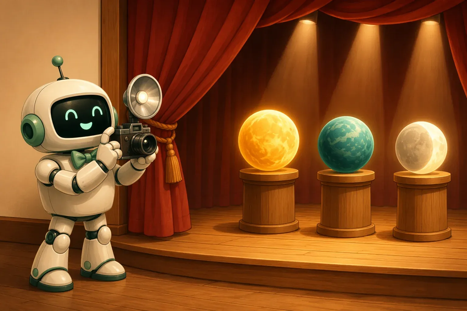 The bulletin mascot, as a press photographer, attends the unveiling of three glowing spheres on a stage with a half-drawn curtain
