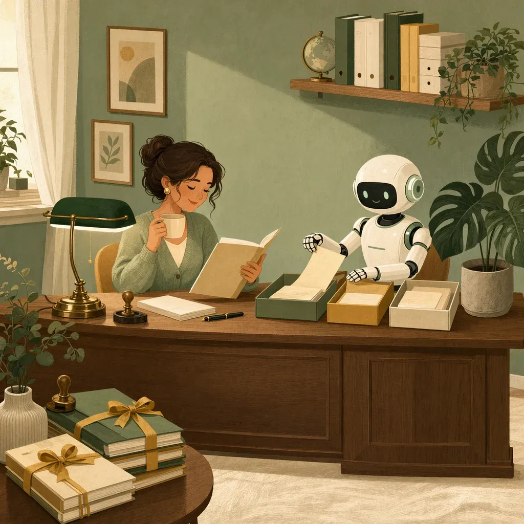Professional office with a robot sorting documents into trays while a person reviews the key file