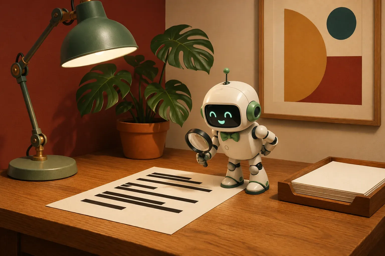 The bulletin mascot with a magnifying glass reviewing a freshly printed press sheet with several lines blacked out, on an oak newsroom desk