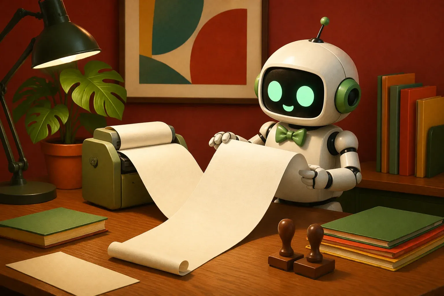 The bulletin mascot at a newsroom desk reviewing a freshly printed financial prospectus spooling out of a machine, with stamps and blank folders on the oak desk