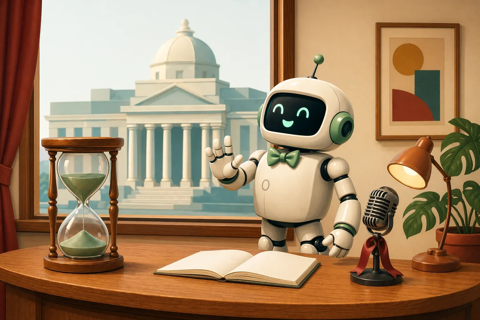 The bulletin mascot, as a reporter, raises a hand in a "wait" gesture beside a large hourglass, with the silhouette of a domed government building through the window