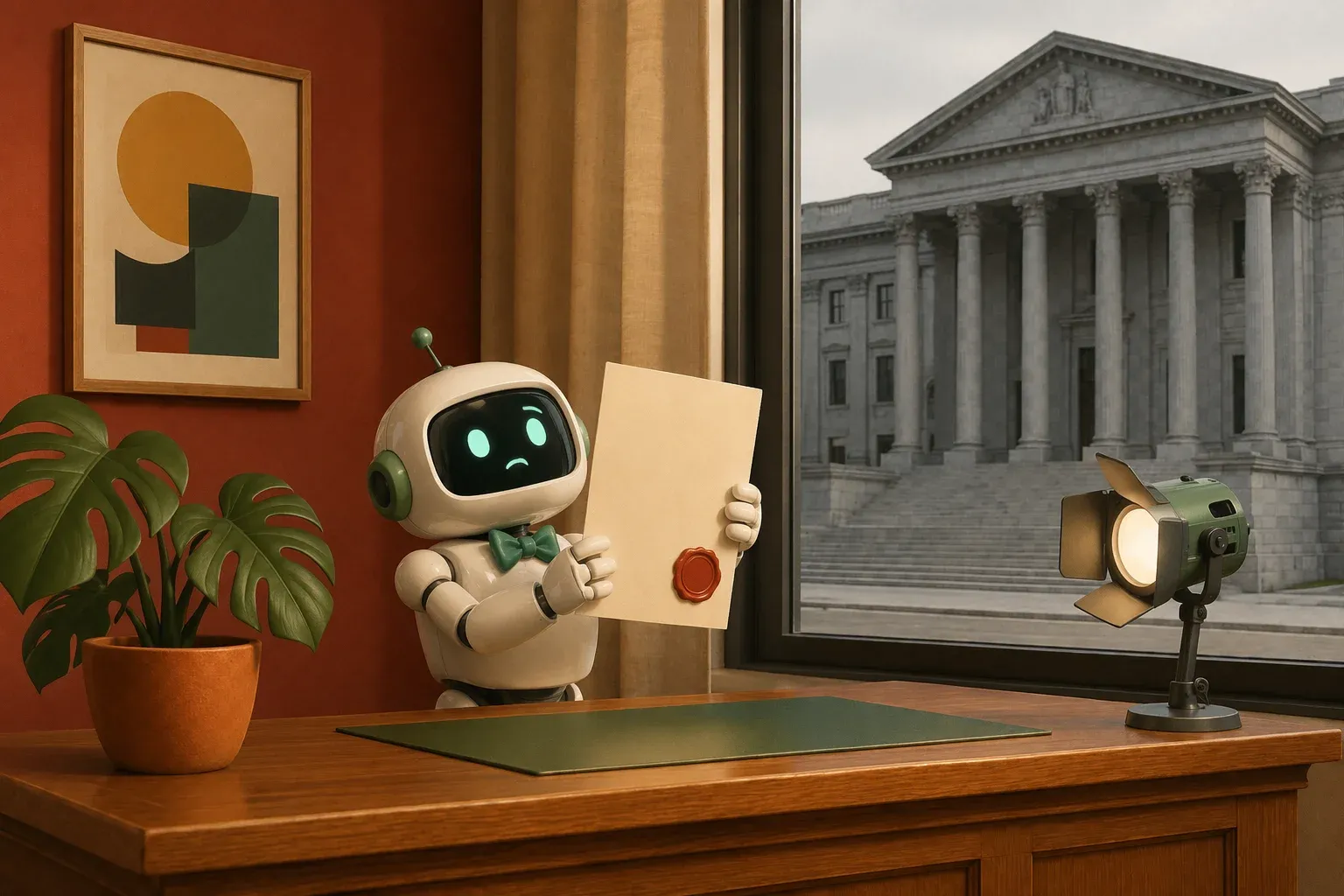 The bulletin mascot as a reporter holding up a blank document sealed with a large red wax stamp, with the empty facade of a columned government building visible through the window