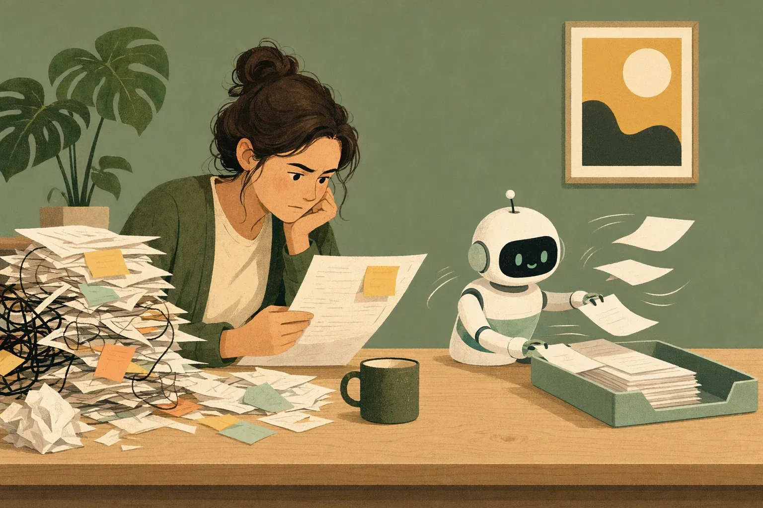 Editorial illustration: a person focused on a complex case while a small robot handles easy tickets beside them