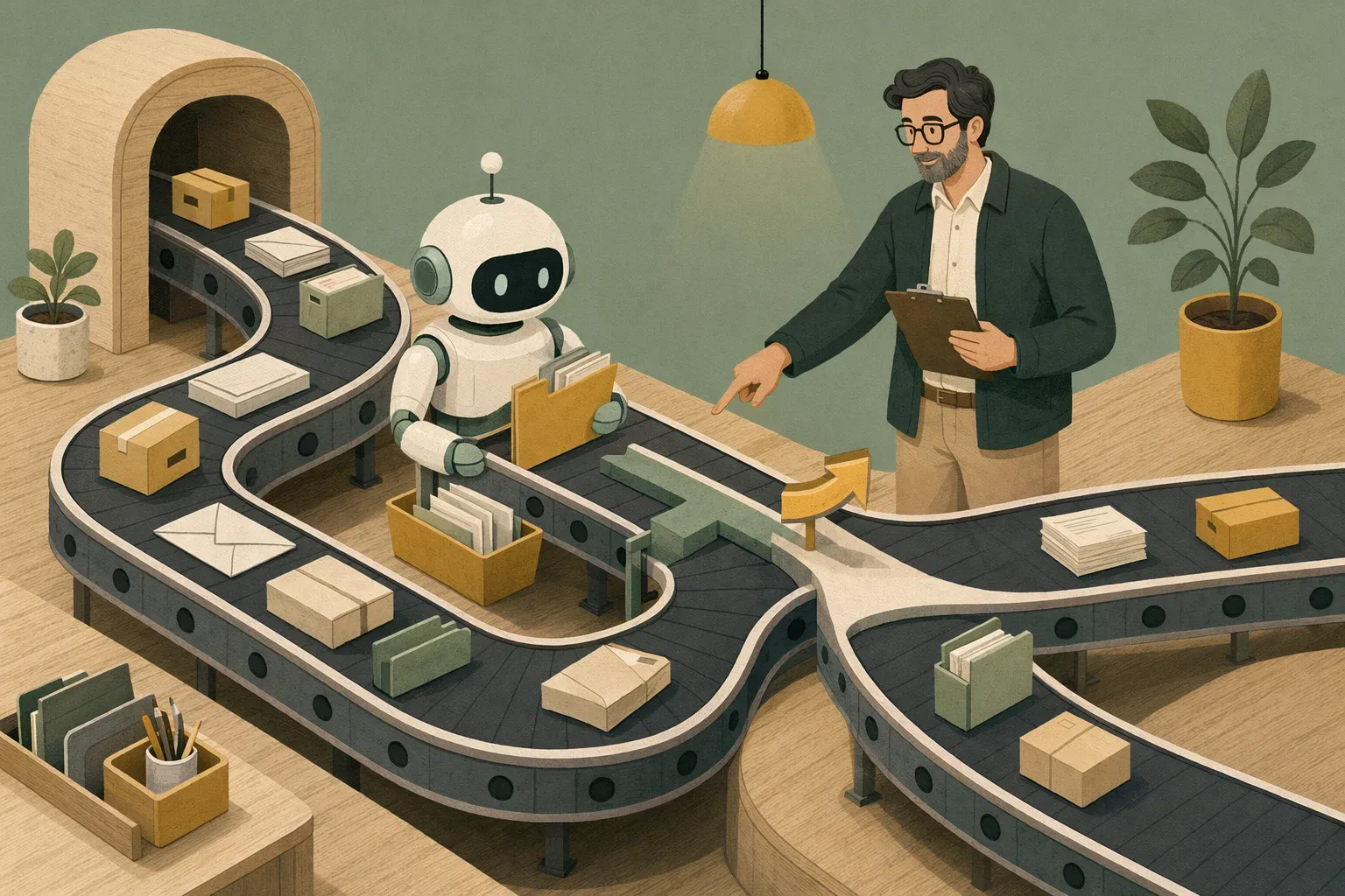 Editorial illustration: a human supervisor and a small robot redesigning a conveyor-belt workflow together