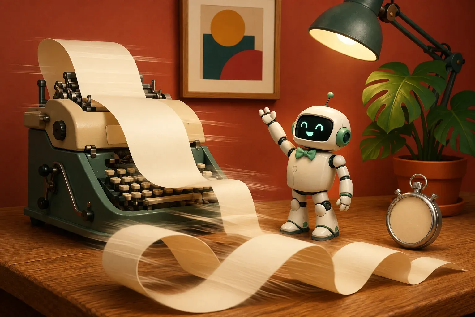 The bulletin mascot next to a teletype machine spitting out a long blank paper ribbon at high speed, with motion lines and a stopwatch on the desk