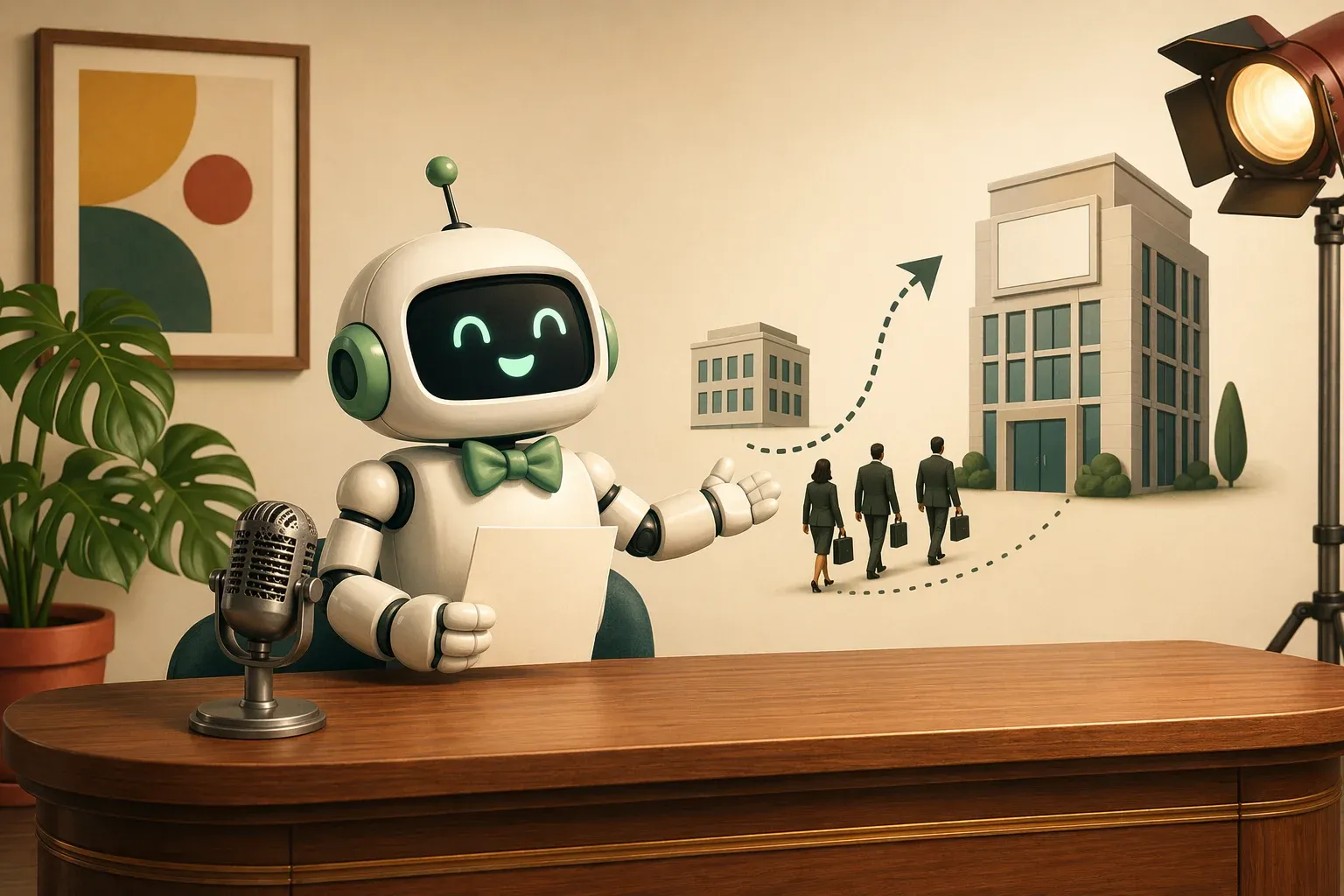 The bulletin mascot points at a wall map with two office buildings and a dotted arrow along which silhouetted figures walk from the smaller building to the larger one