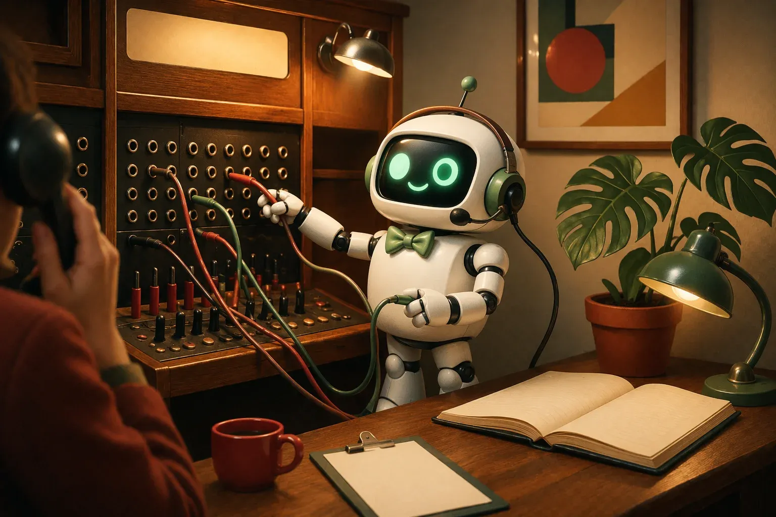 The bulletin mascot wearing a switchboard-operator headset handling several lines at once at a pegboard panel, with an open appointment notebook on the desk