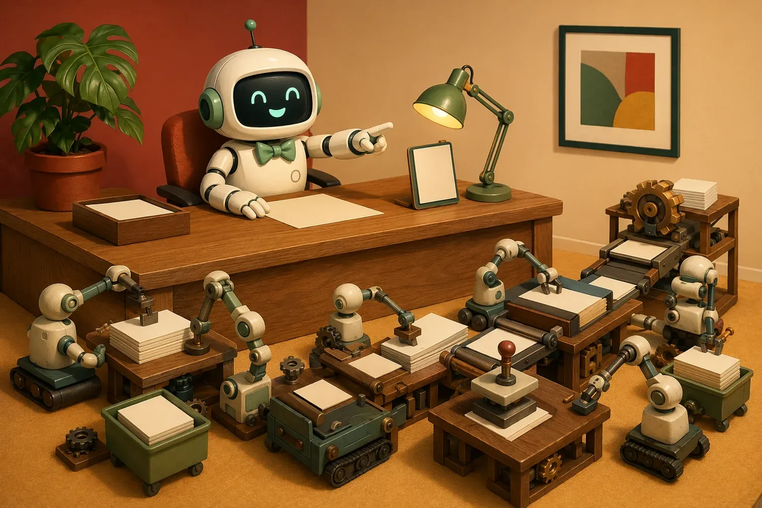 The bulletin mascot at an oak newsroom desk directing several tiny faceless mechanical arms that assemble and stamp blank papers at miniature workbenches, under a studio lamp