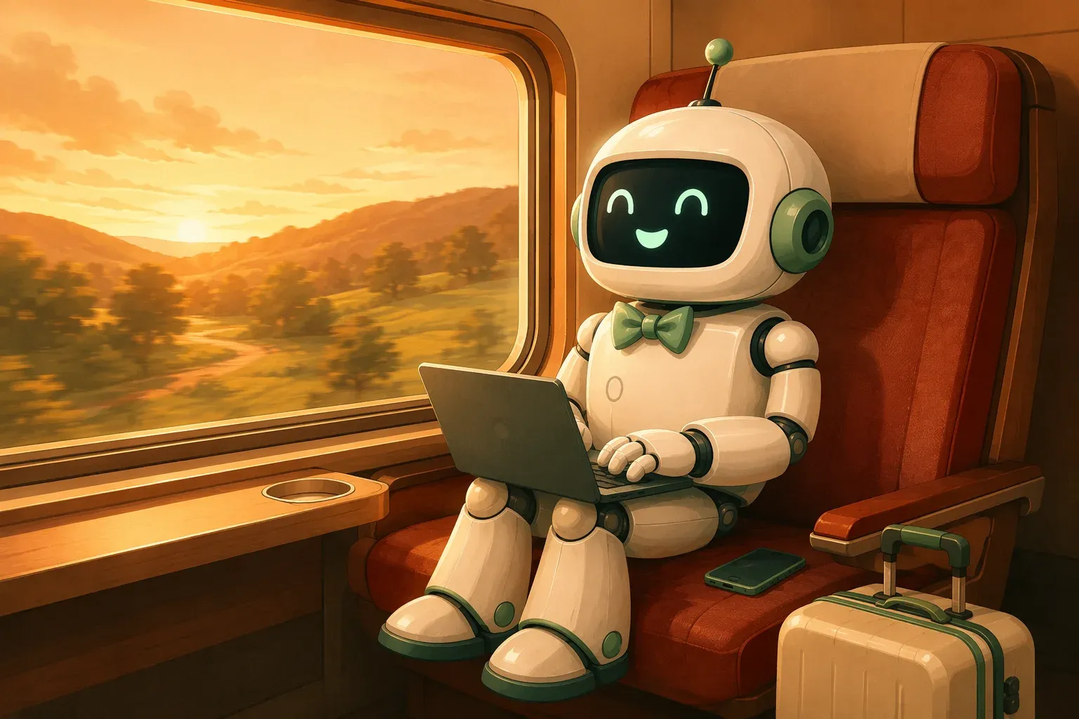 The bulletin mascot works with a small laptop and a phone on its lap, sitting in a moving train seat with a suitcase beside it
