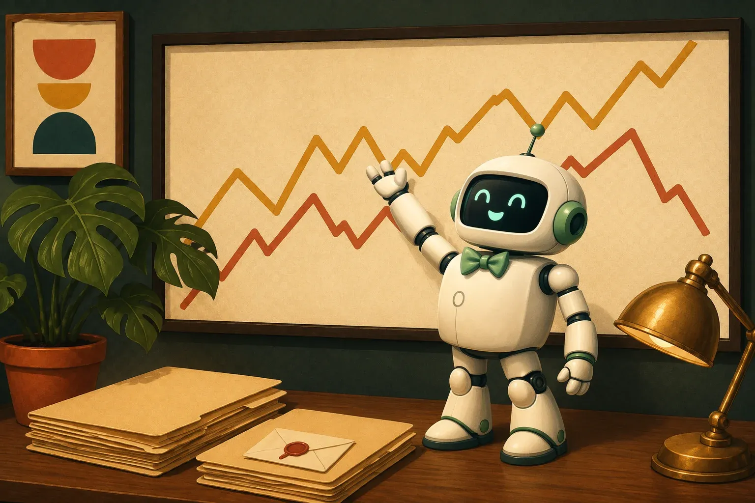 The bulletin's mascot standing in front of a ticker board with lines rising and falling, on a desk with two stacks of folders and a wax-sealed envelope