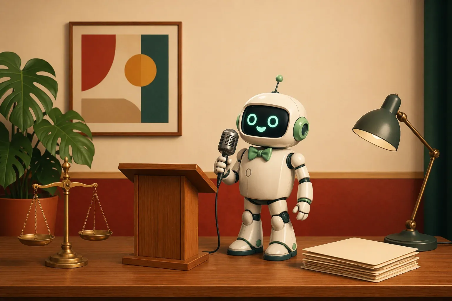 The bulletin mascot with a classic microphone in front of an empty lectern, next to a balance scale and a stack of blank labelled folders on the oak desk