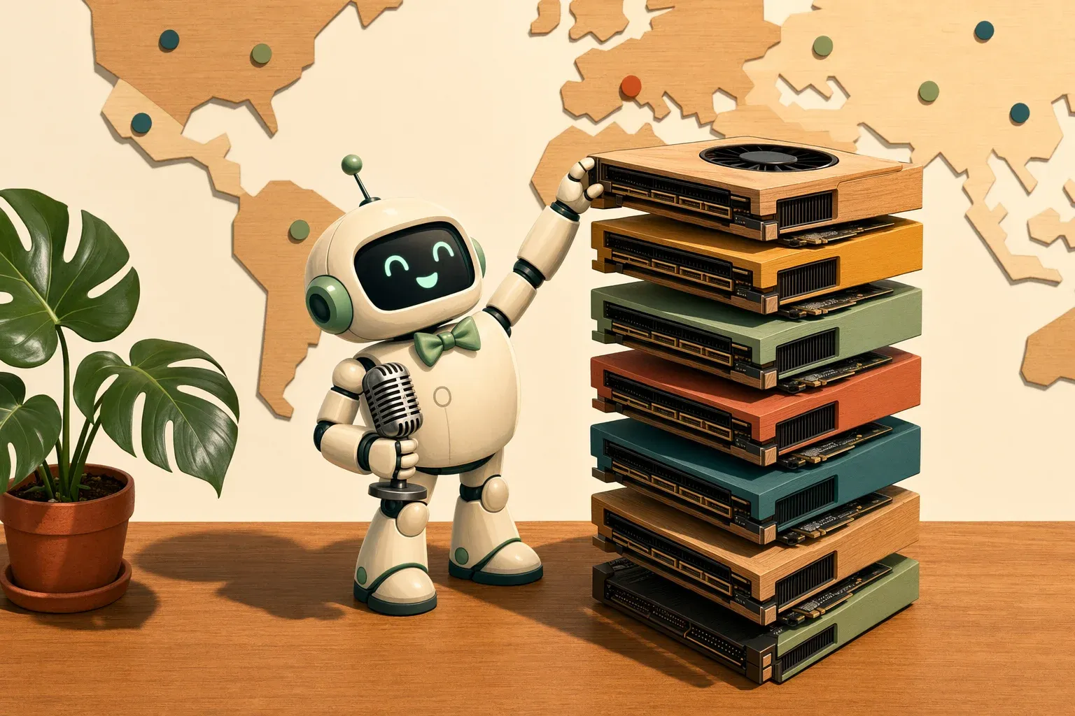 Tower of stacked compute cards with the bulletin's mascot inspecting the top card and holding a microphone, stylised world map in the background