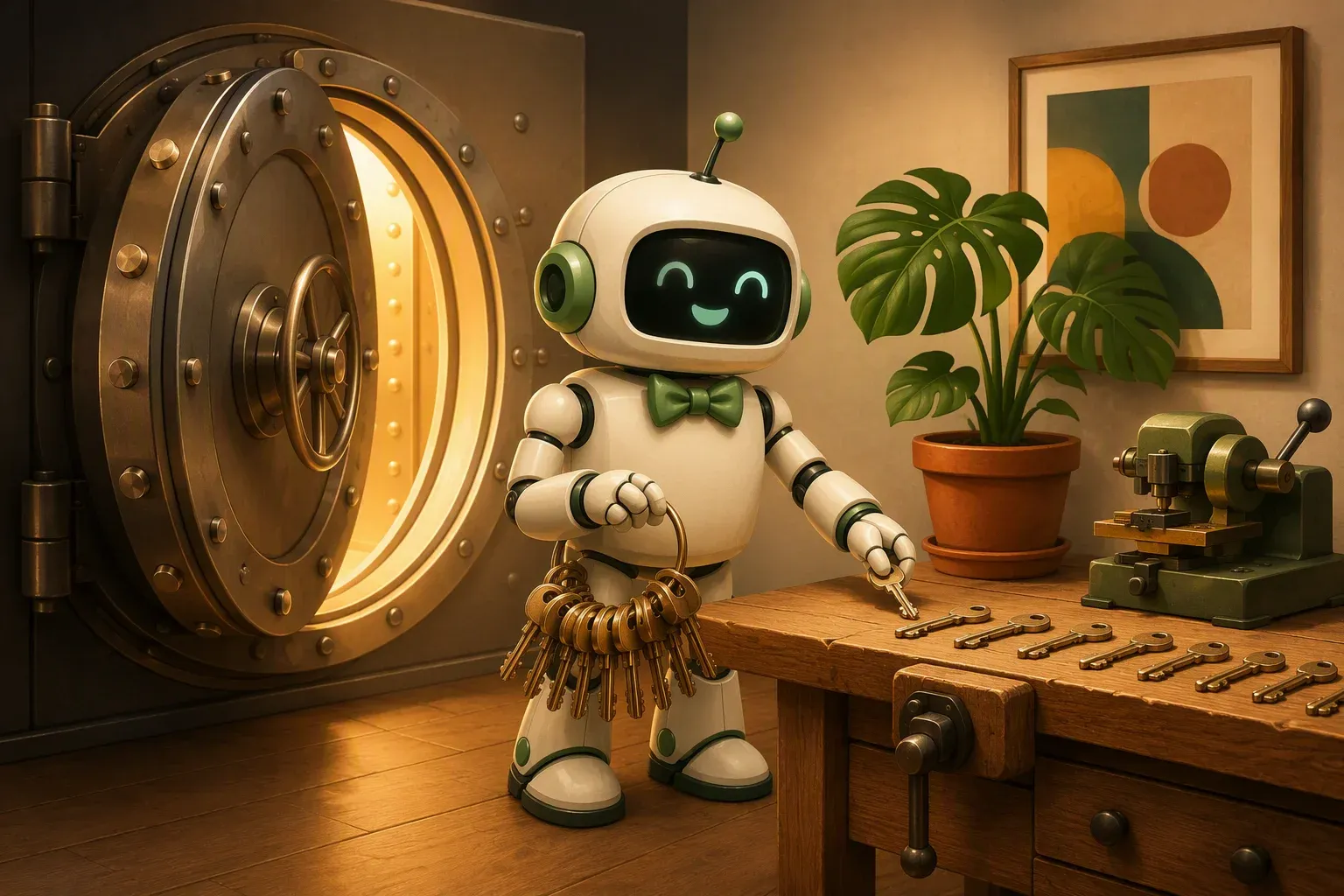 The bulletin mascot, in a workshop apron, sets down identical copies of a large key from a key ring beside an open vault door