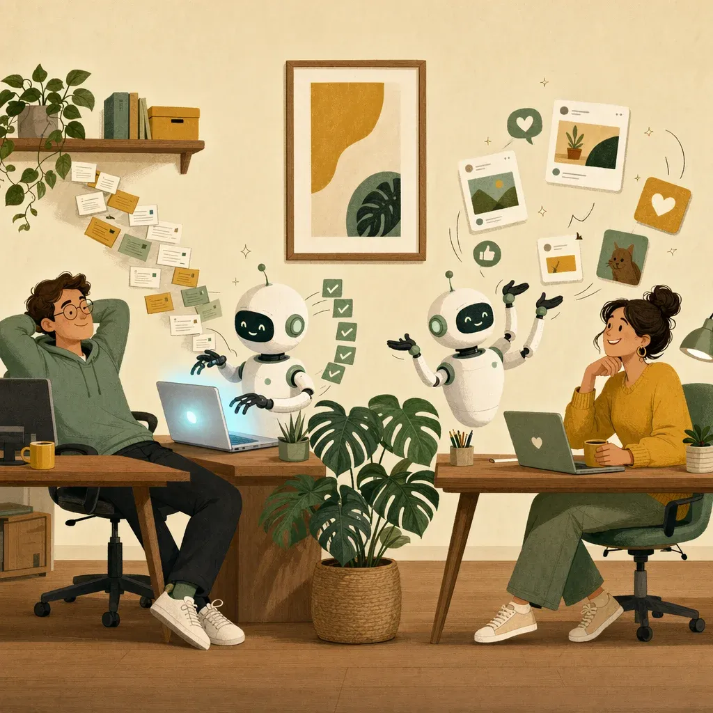 Split scene: an IT support technician and a community manager working calmly while a robot absorbs the repetitive flow