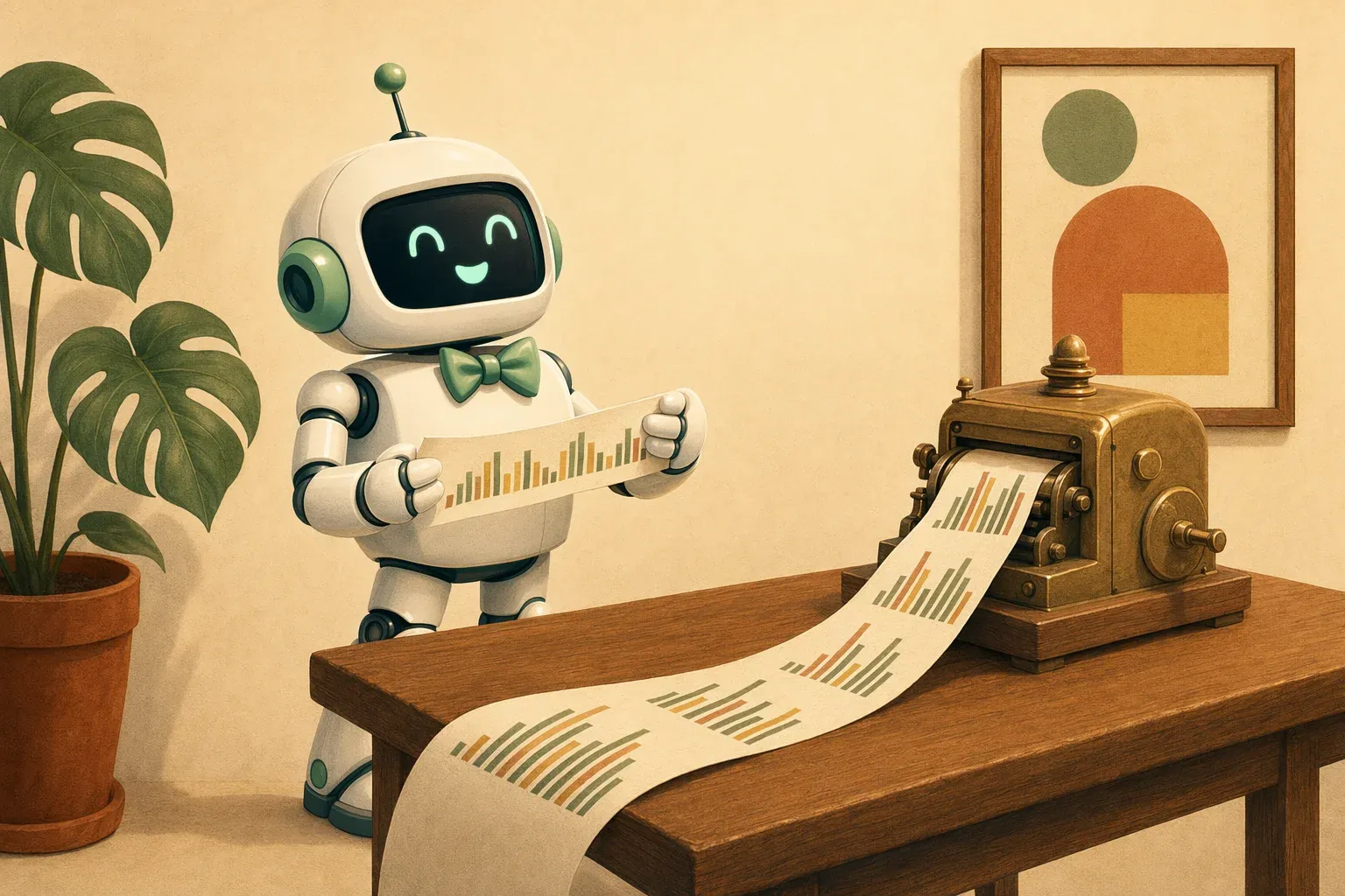 The bulletin's mascot reading a long telex strip filled with adoption bars going up and down, with three generic logos in the background