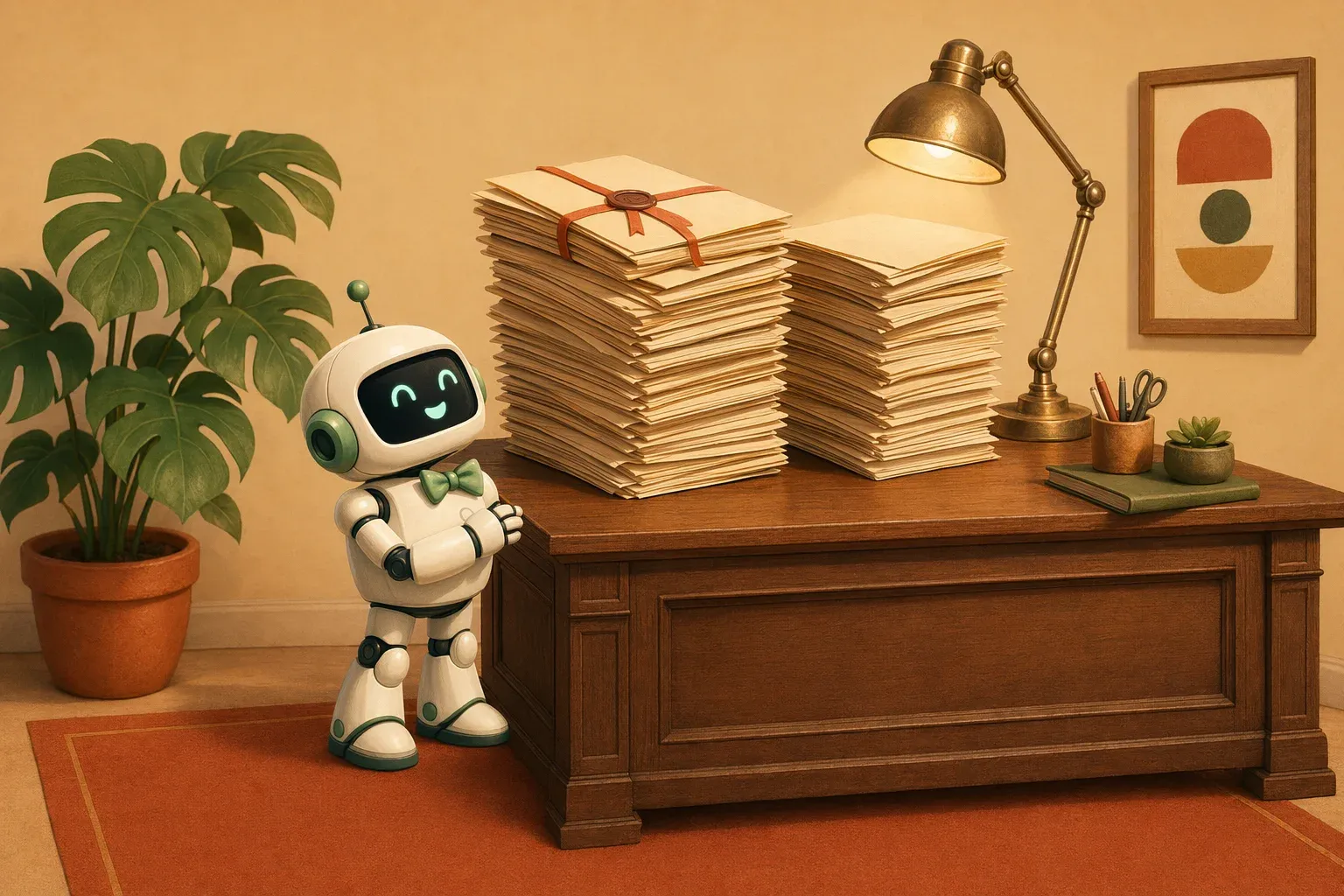 The bulletin's mascot seen from behind looking at two towers of contract folders on a desk, a law-firm stamp on top of one of the piles