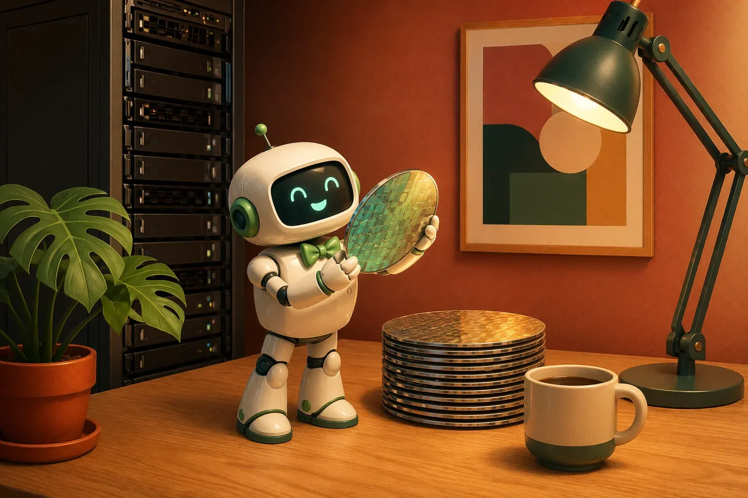 The bulletin mascot inspecting a glowing silicon chip wafer next to a server rack and a stack of wafers on an oak table, with a coffee cup and a monstera plant