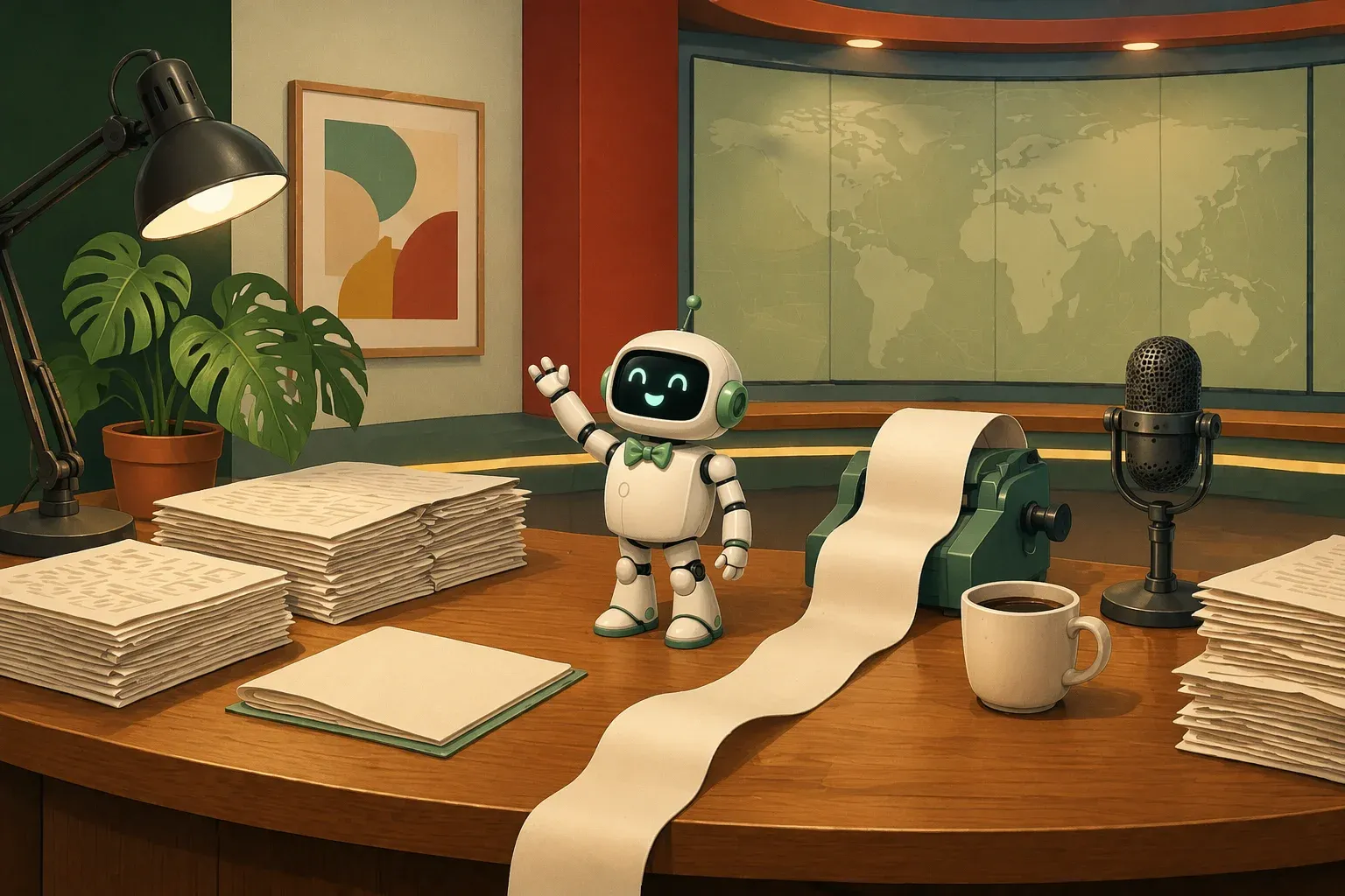 The bulletin mascot at a newsroom desk surrounded by stacked newspapers and a blank ticker tape flowing from a machine, with a coffee cup and a monstera plant in the background