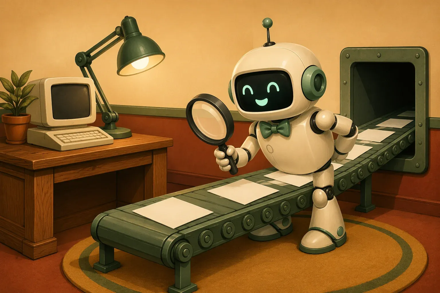 The bulletin mascot, holding a magnifying glass, inspects a conveyor belt carrying blank papers from a desk toward a dark hatch