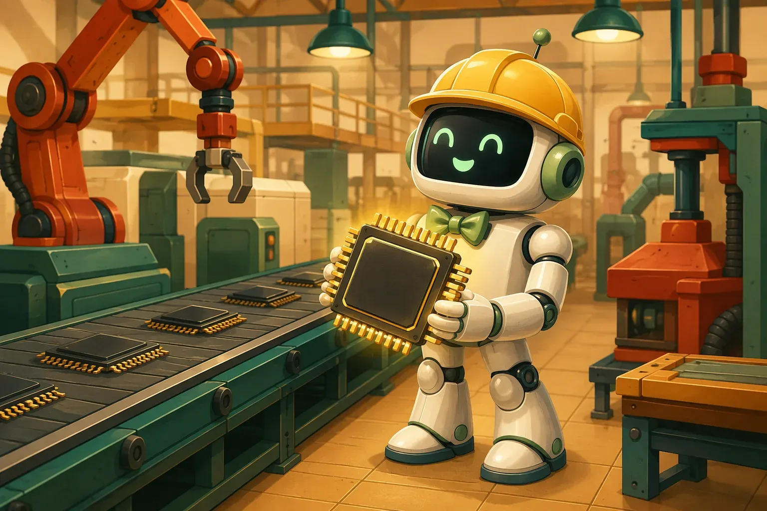 The bulletin mascot, wearing a hard hat, examines a large glowing chip next to an assembly line full of blank chips