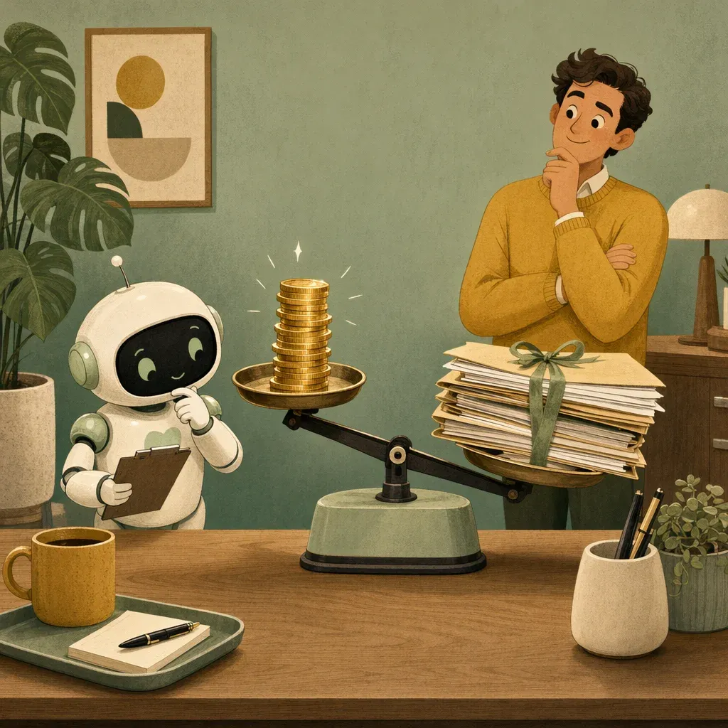 Robot in front of a scale where the folder tray weighs more than the coin tray