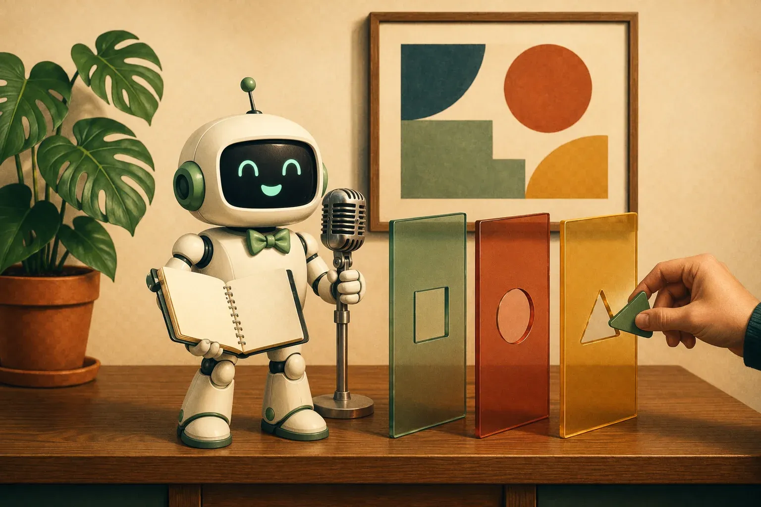 The bulletin's mascot holding a notebook and a microphone in front of three coloured glass panels, while a human hand moves a geometric token between them