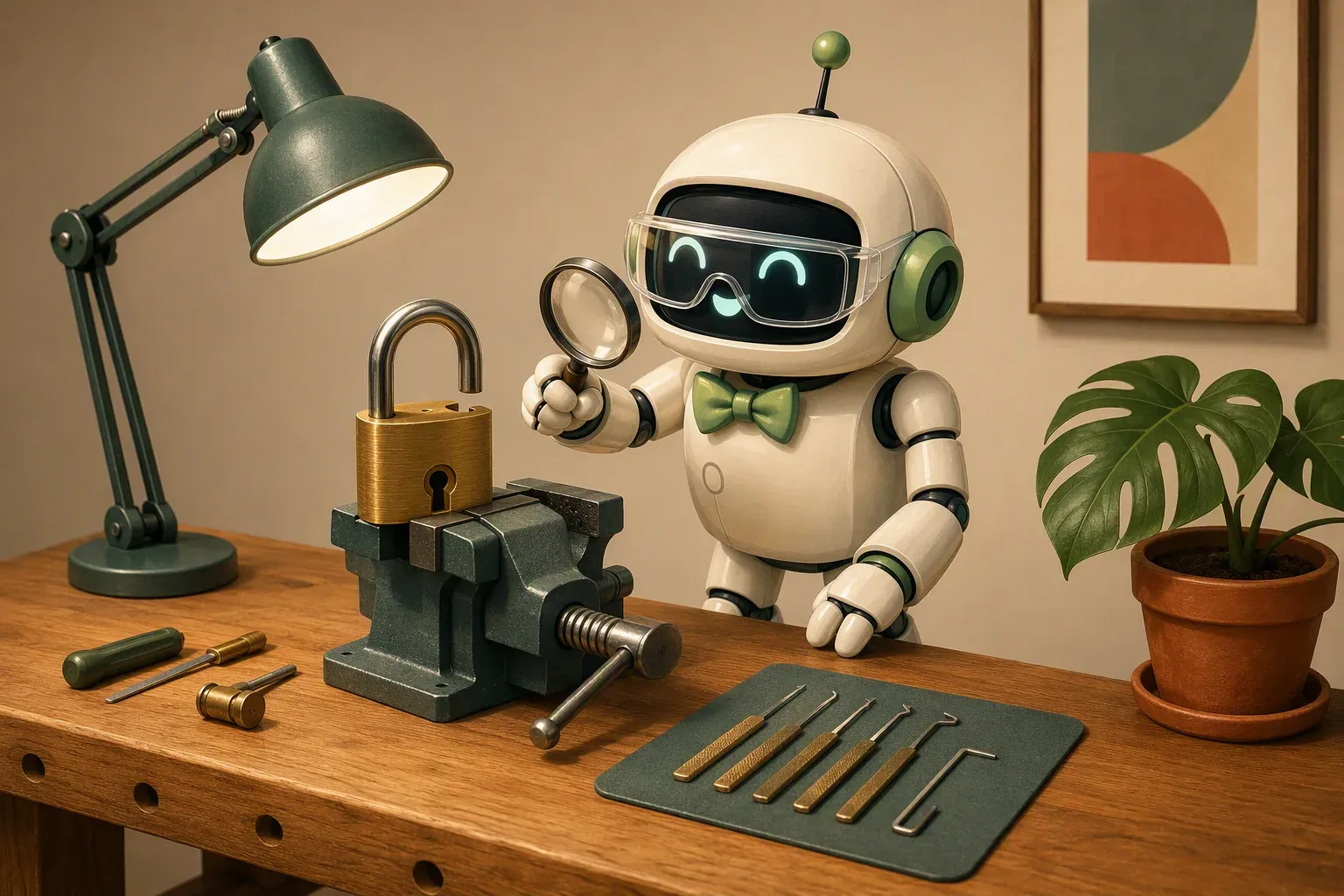 The bulletin mascot, wearing safety goggles and holding a magnifying glass, examines an open brass padlock clamped in a bench vice, with tools and picks laid out on the bench
