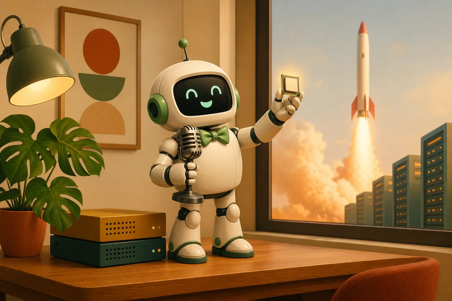 The bulletin mascot inspects a glowing chip, with server units on the oak desk and the silhouette of a rocket lifting off through the window