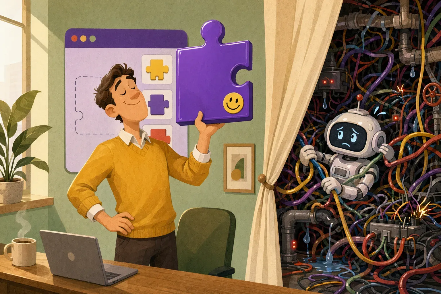 A salesperson on a small spotlit stage shows a clean demo workflow to an applauding audience while, behind a half-lifted curtain, the production system is on fire and a small robot tries to contain the chaos with an extinguisher
