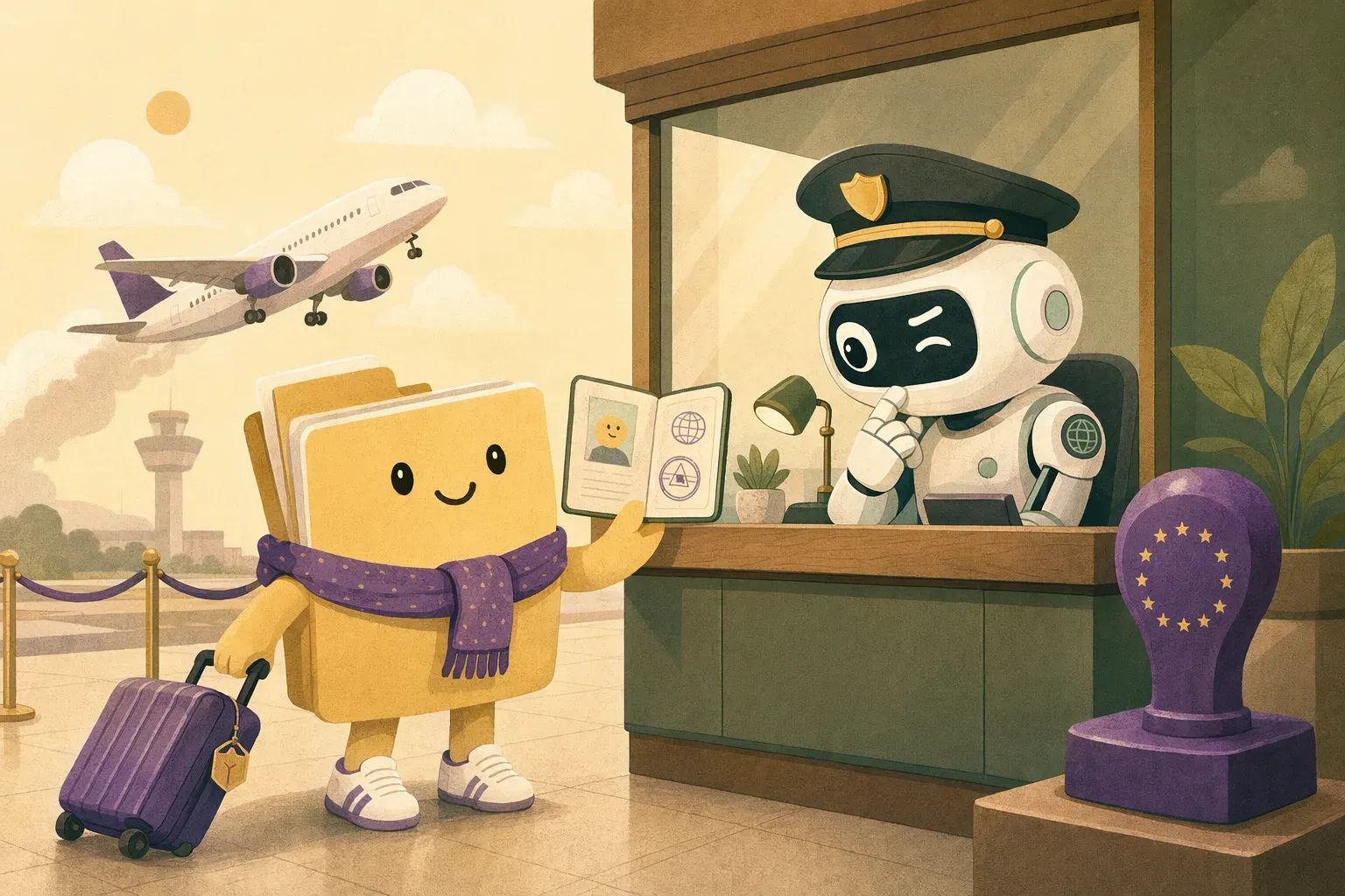 A small data-packet character with a suitcase shows its passport at an EU border-control booth while a robot officer inspects it; in the background, a plane labelled US-East takes off
