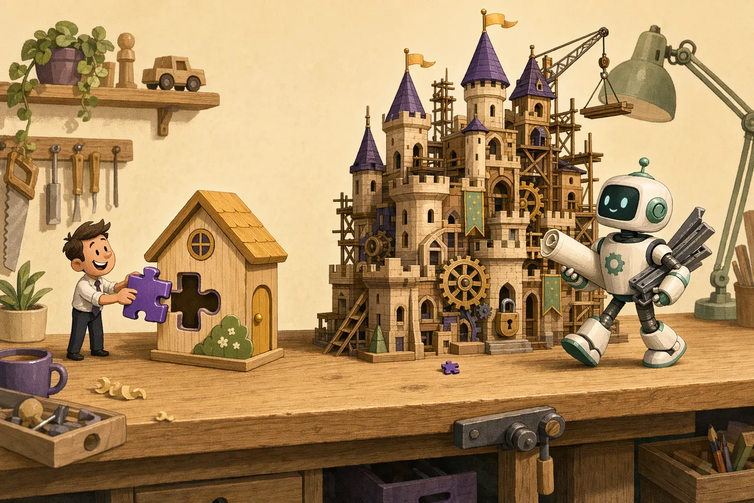 On a workbench, the same purple puzzle piece fits a small toy house on the left, but is comically small next to a large toy castle on the right where a robot engineer arrives with blueprints and steel beams