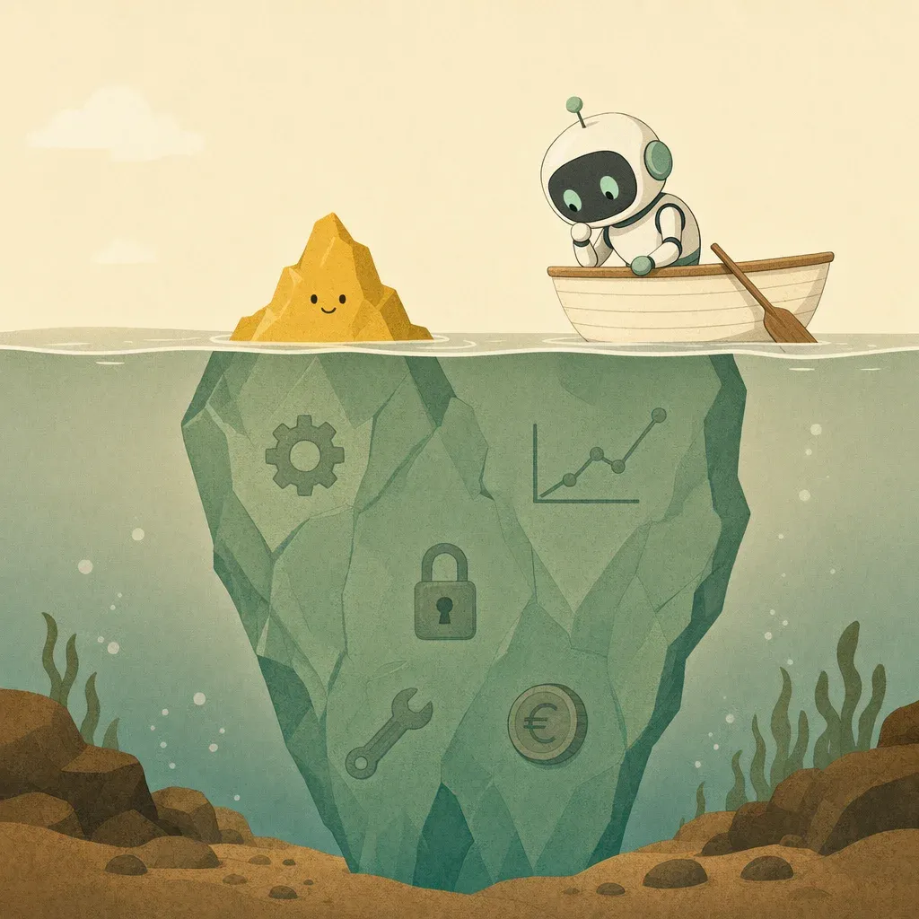 Flat-style iceberg: the small visible tip is the demo, the large submerged mass is the real cost