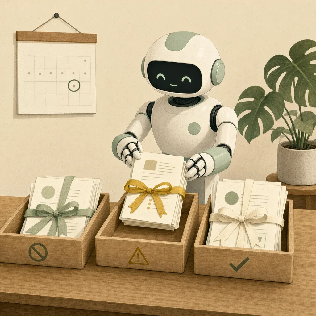 Three sorting trays with icons: prohibited, warning, and check. A robot places a document into the middle tray