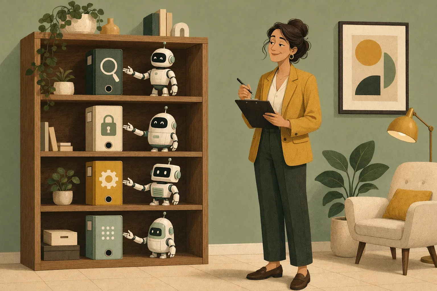 A governance professional with a clipboard reviewing a shelf of four binders — review, security, model governance and vendor management — each presented by a small robot.
